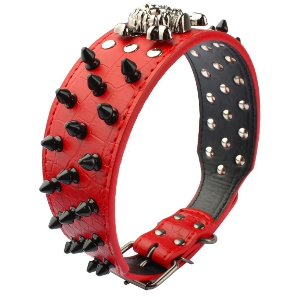 NWOT 2 "Wide Spiked‎ Studded Leather Dog Collar Bullet Rivets With Cool Skull